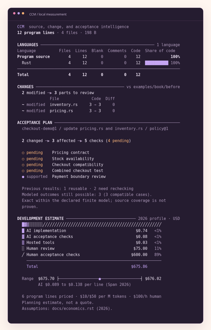 Actual terminal report for the checkout comparison, including five checks, four pending checks, reusable payment evidence, and the development estimate.